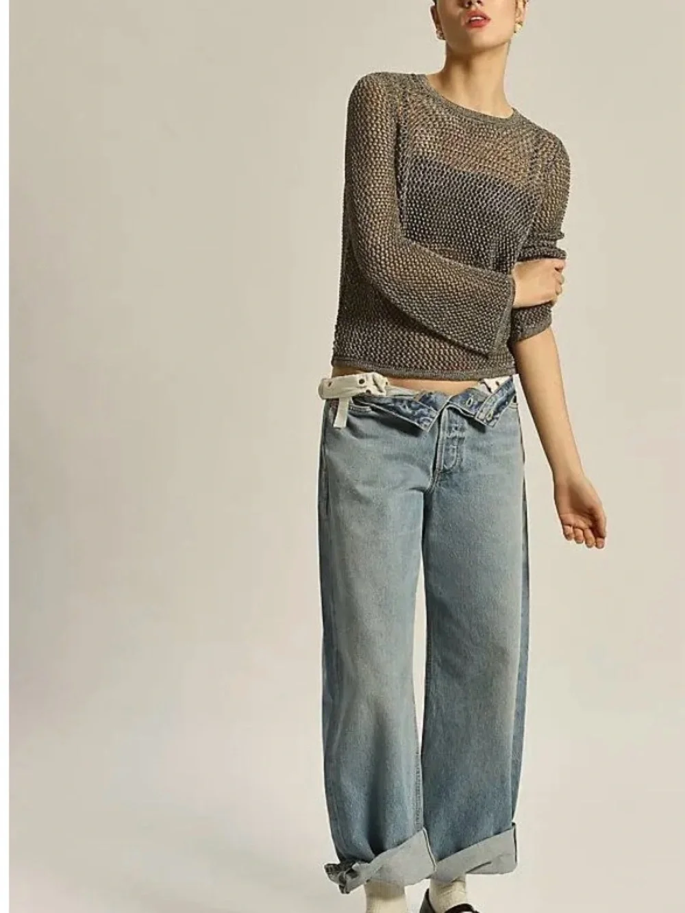 Anthropologie Metallic Open-Knit Long Sleeve Top - Bronze